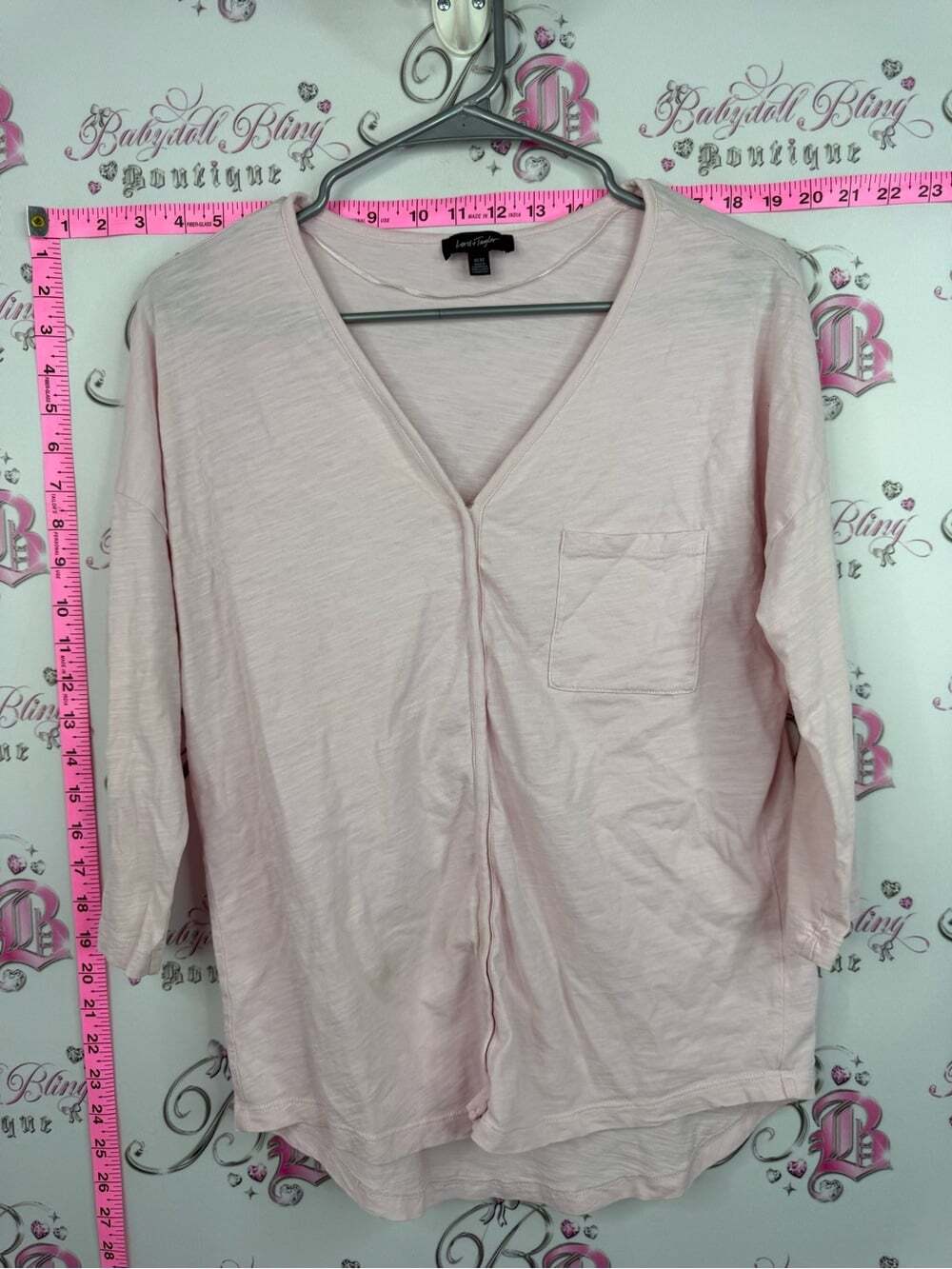 Lord & Taylor Pale Pink V-Neck Long Sleeve Tee with Chest Pocket
